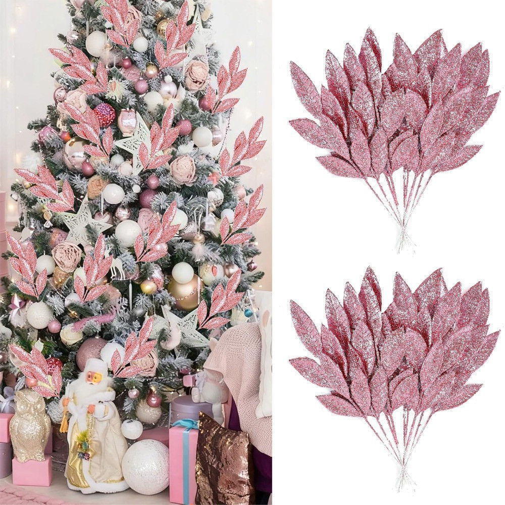 Florist Supply Bulk - 3/12Pcs Pink Glitter Leaf Picks Artificial